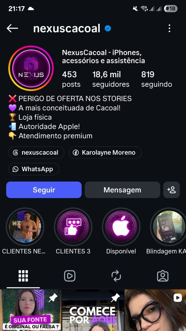 Perfil da NEXUS Store no Instagram